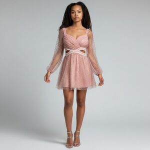 NWOT Double Crazy Solid Pink Glitter Long Sleeve Sweetheart Top Mini Dress M